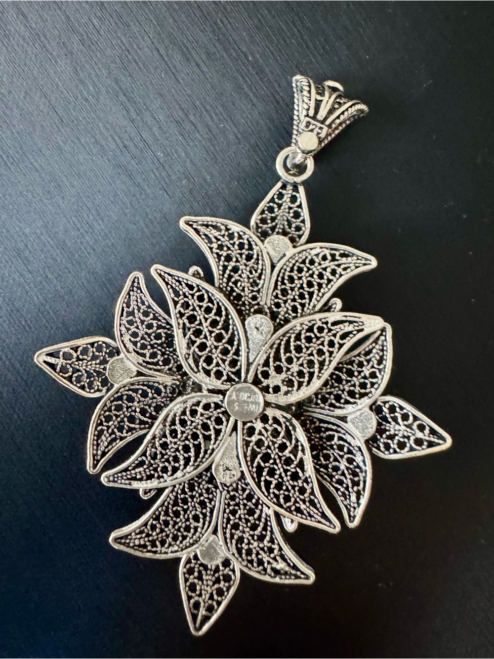 Turkey Sterling Silver Filigree Pendant with Mother of Pearl Cabochon - 2 3/4” - Picture 6 of 7